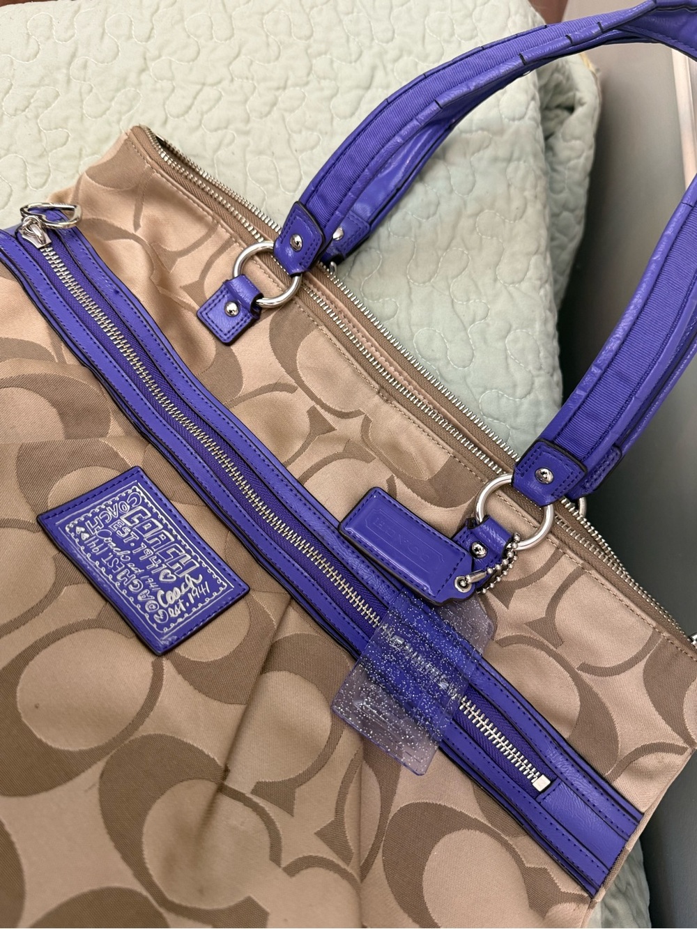Coach Taupe Signature Tote with Purple Trim